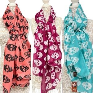 Bundle of 3 Raj Skull Print Large Wrap Scarves 100% Cotton, Aqua, Fuscia, Coral